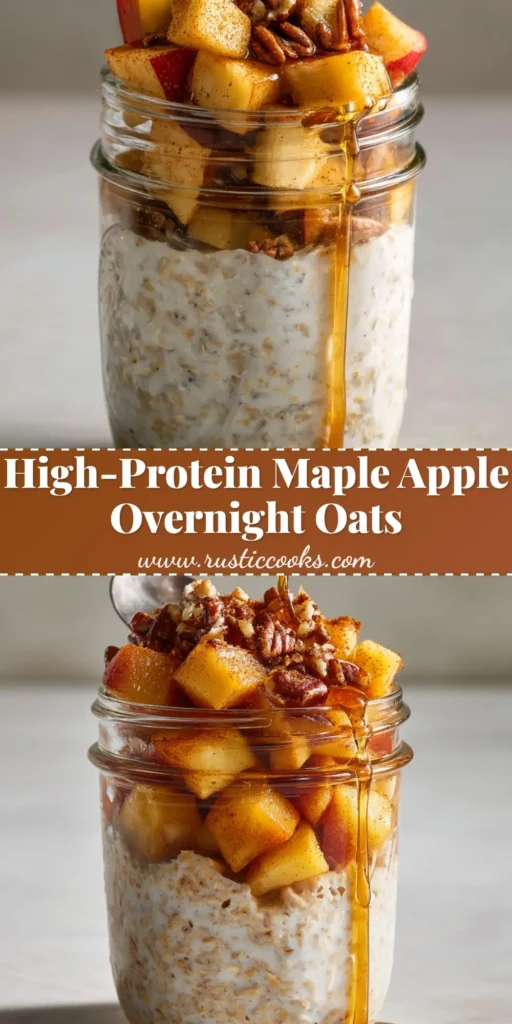 A clear glass mason jar filled with a thick, creamy layer of high protein overnight oats, topped with diced, golden-brown cinnamon-spiced apples, a maple syrup drizzle, and crushed pecans.