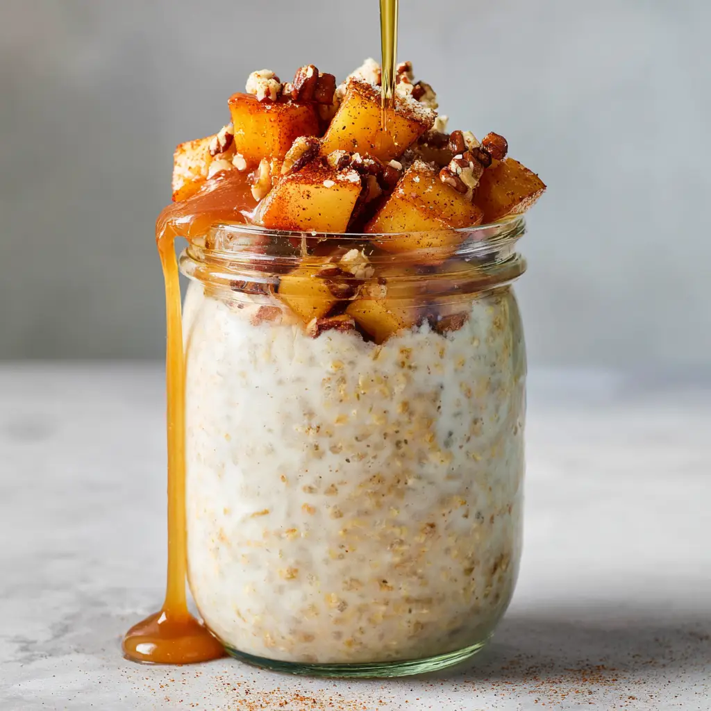 Top down view of ingredients for High Protein Overnight Oats including rolled oats, protein powder, milk, apples, and cinnamon.