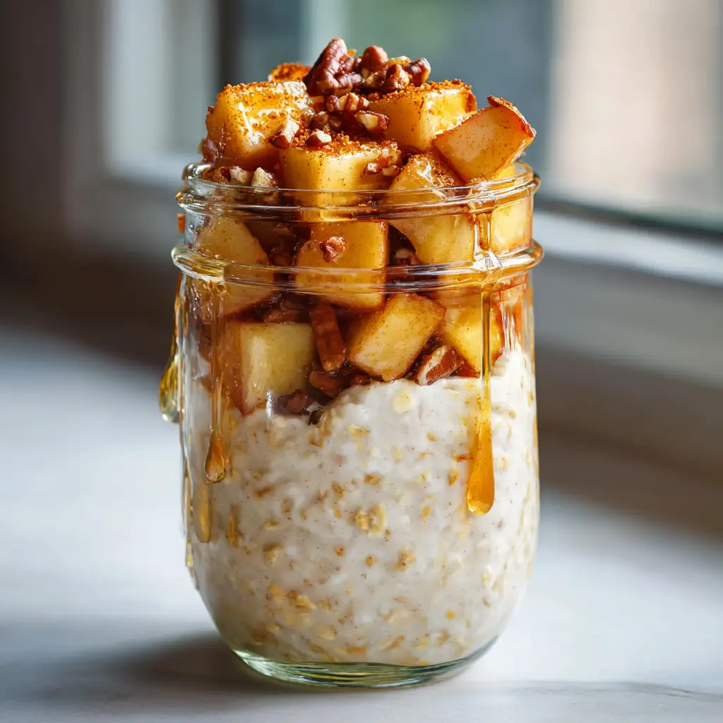 Close up of golden-brown cooked apples layered over a creamy oat base in a mason jar.
