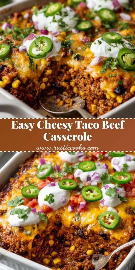 A deliciously baked Ground Beef Taco Casserole topped with bubbly sharp cheddar, sour cream dollops, jalapenos, purple onions, and fresh cilantro.