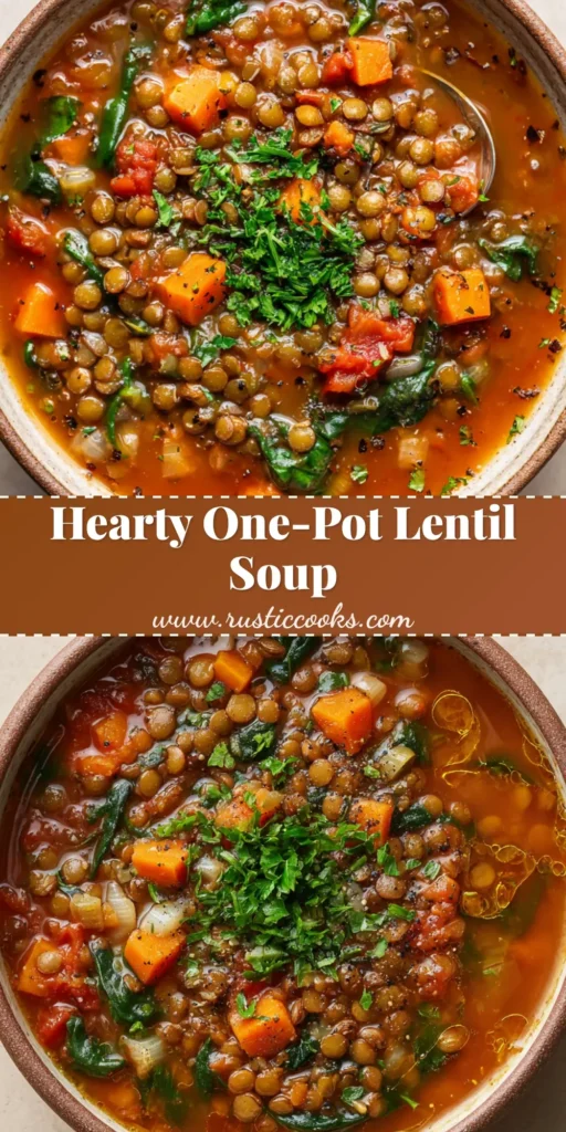 A rustic ceramic bowl filled to the brim with thick, hearty lentil vegetable soup featuring a rich reddish-brown tomato broth, plump lentils, wilted spinach, and fresh parsley.