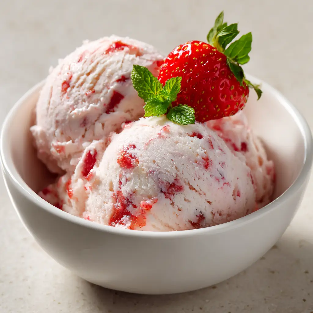 Light pink blended cottage cheese ice cream with a vibrant red strawberry puree swirl in a smooth white bowl.