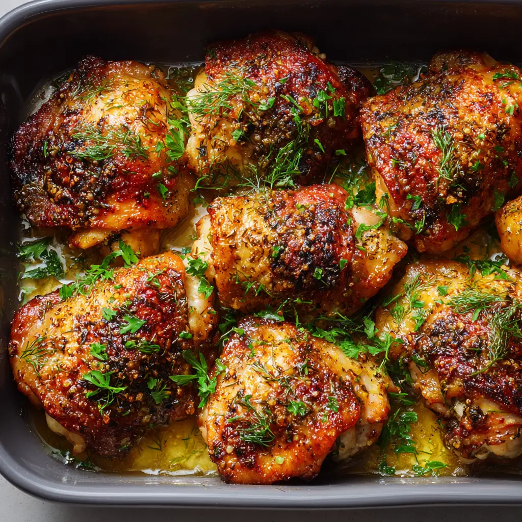 A thin layer of golden rendered cooking juices and melted butter pools around the bottom edges of the crispy chicken thighs.