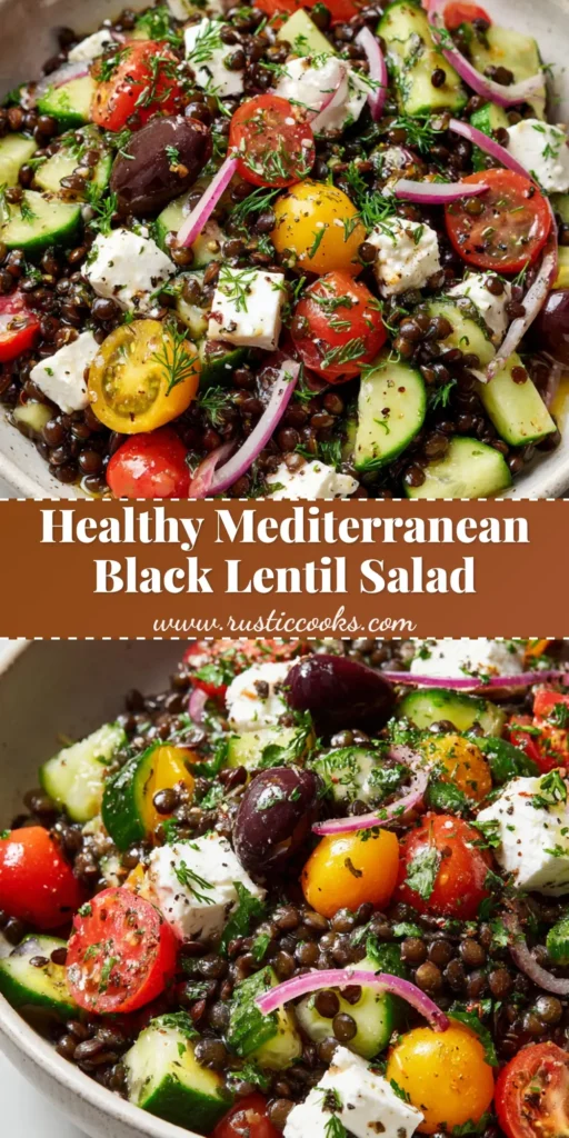A close-up vertical shot of a vibrant Black Lentil Mediterranean Salad in a matte white ceramic bowl, featuring crisp cucumbers, cherry tomatoes, and feta cheese.