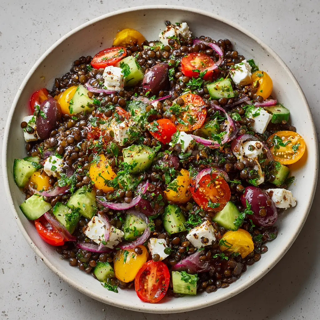 Fresh Mediterranean salad ingredients including plump black beluga lentils, red and yellow cherry tomatoes, green cucumbers, and rustic crumbles of feta cheese.