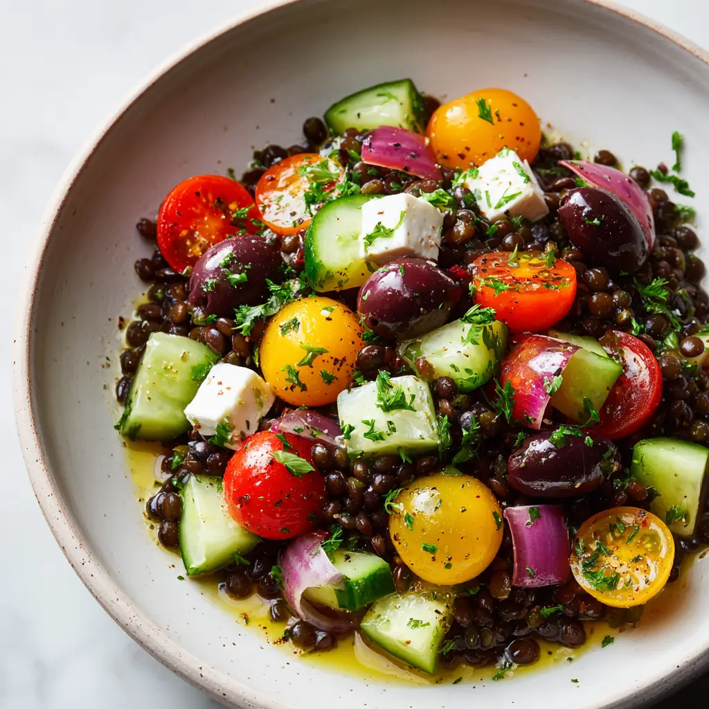 A shallow matte white ceramic bowl filled with glistening Black Lentil Mediterranean Salad garnished with chopped fresh parsley and dried herb flakes.