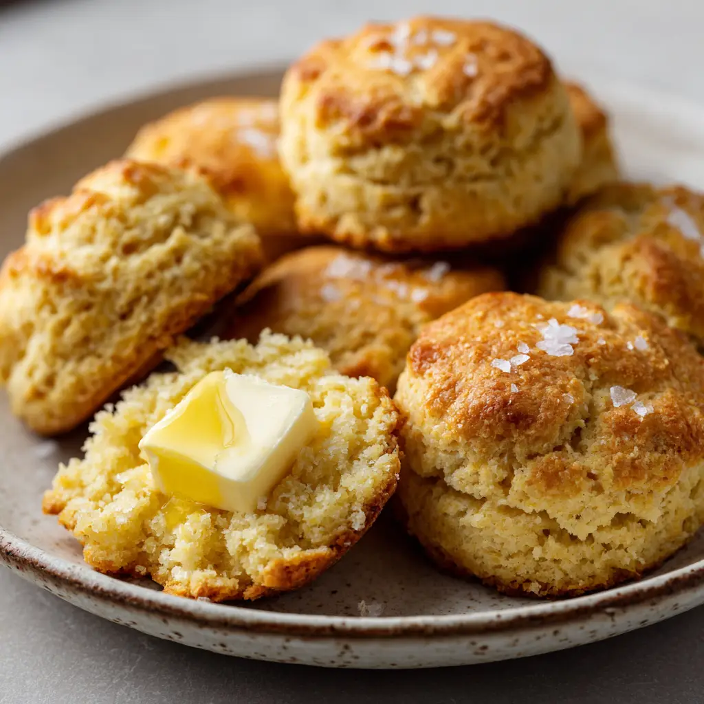 Close up of an uneven, rustic top of a baked golden crust on a low carb keto biscuit.