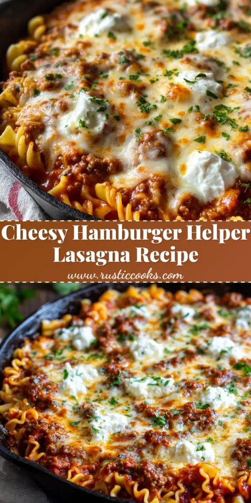 A rustic cast iron skillet filled with bubbling cheesy hamburger helper lasagna, featuring wavy broken noodles, ground beef, and blistered mozzarella.