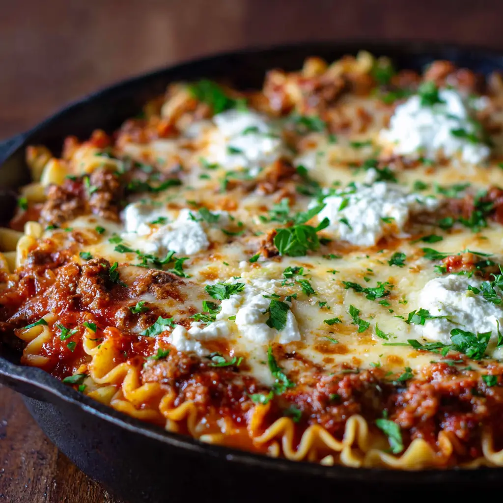 Wavy broken lasagna noodles simmering in a thick red marinara and ground beef meat sauce inside a cast iron skillet.
