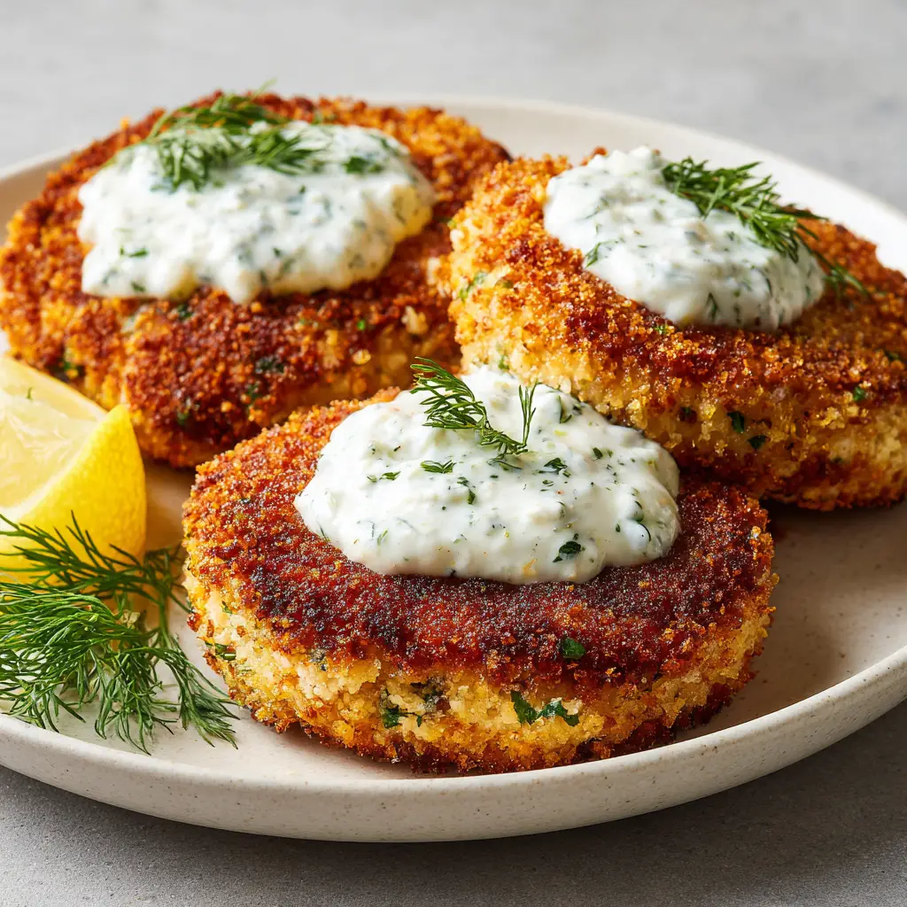 Thick creamy white dill sauce speckled with finely minced green herbs dolloped on top of a crispy salmon patty.