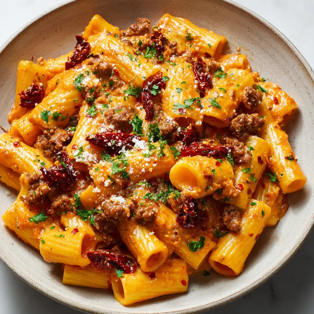 Overhead shot of creamy Marry Me ground beef pasta in a wide, shallow rustic ceramic bowl, garnished with parmesan and parsley.