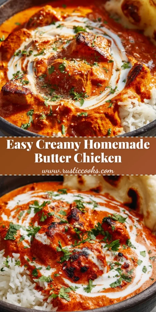 A rustic dark ceramic bowl filled with Homemade Butter Chicken over fluffy white basmati rice, garnished with a cream swirl, fresh cilantro, fenugreek flakes, and blistered naan bread.