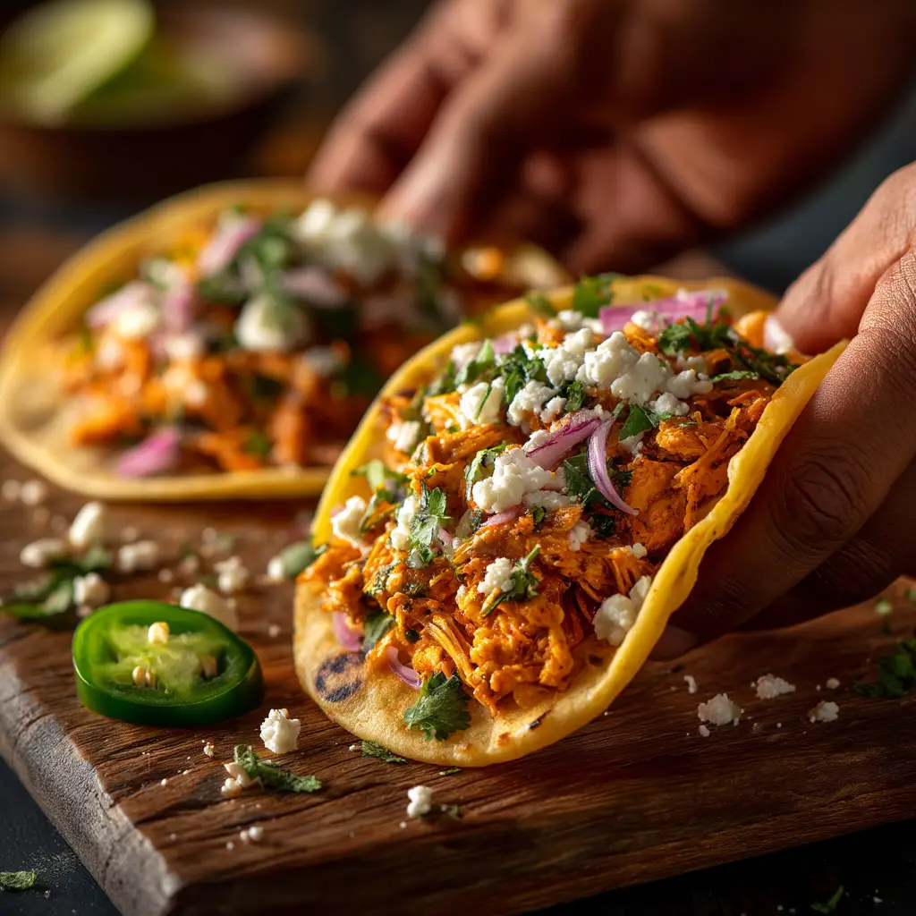 A beautiful spread of ingredients for chicken tacos, including salsa, chicken breasts, and seasonings, arranged around an Instant Pot.