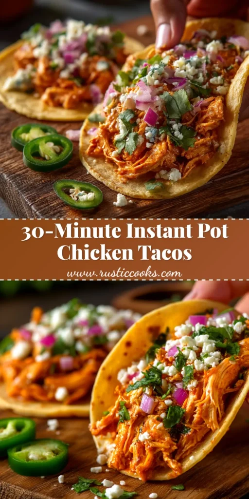 A platter of Instant Pot Chicken Tacos with juicy shredded chicken, fresh cilantro, and lime wedges, ready to be served.