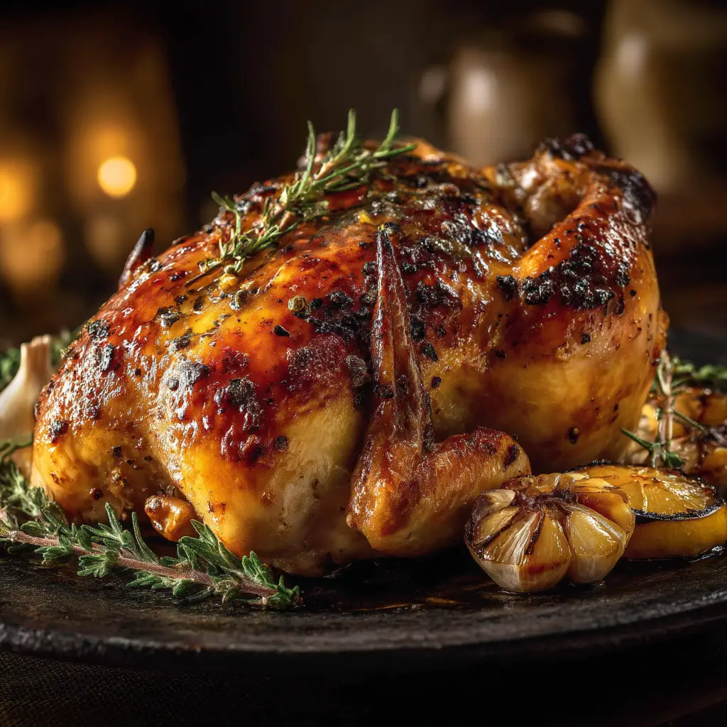 A perfectly roasted chicken resting on a wooden cutting board, with juices pooling around it, ready to be carved and served.