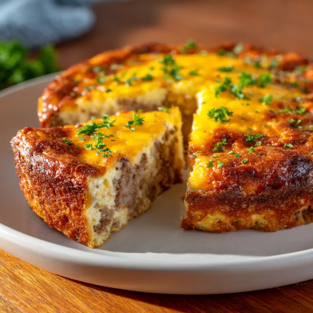 A close-up shot of a square slice of keto sausage egg bake, showing the layers of sausage, egg, and melted cheese.