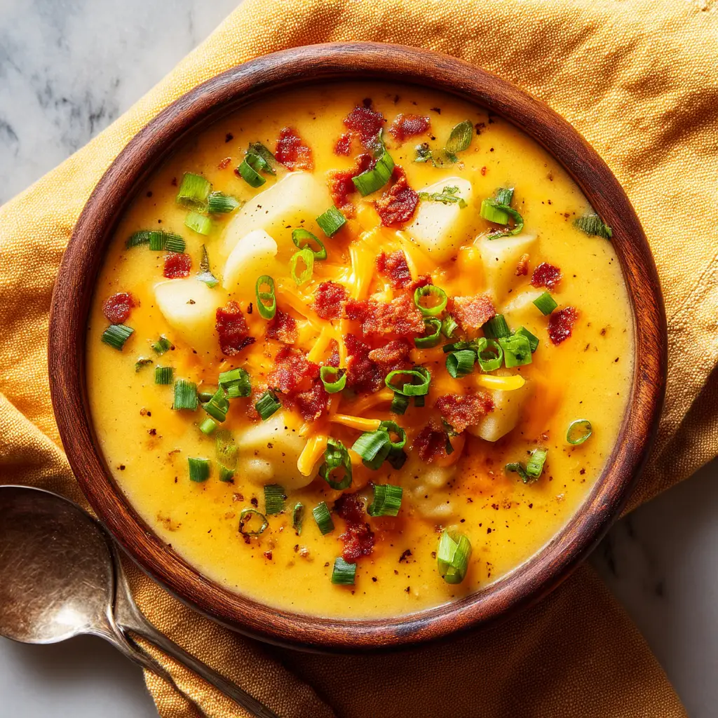 A warm bowl of loaded cheesy potato soup made in the crock pot, garnished with crispy bacon and shredded cheddar.