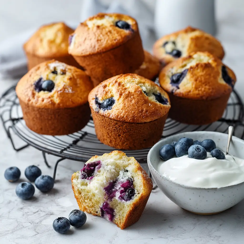 Thick, creamy batter for blueberry protein muffins in a large mixing bowl, with fresh blueberries being folded in.
