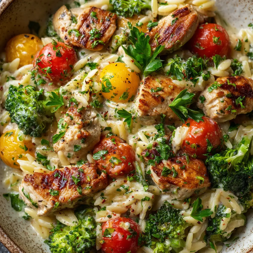 A process shot showing the baked Boursin cheese, burst cherry tomatoes, and roasted garlic being stirred together in a baking dish to create the sauce for the orzo bake.