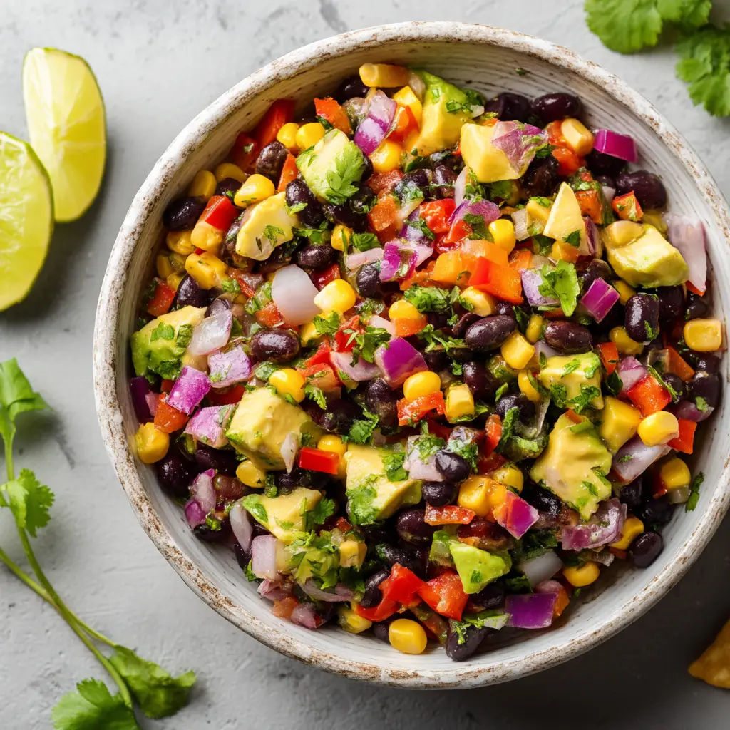 A bowl of corn and black bean salsa, which is the base for this Cowboy Caviar recipe. The ingredients are freshly combined before adding the dressing.