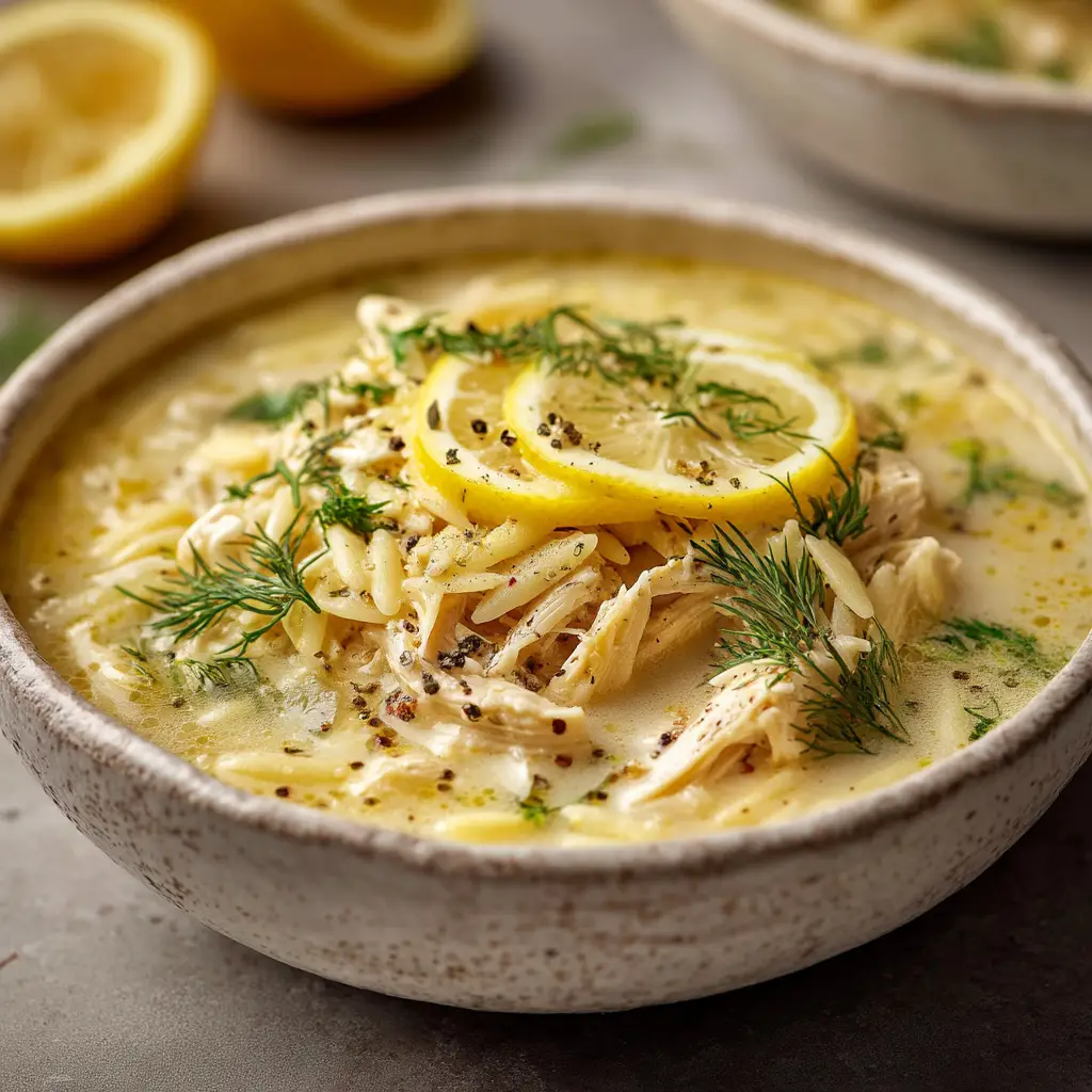 A step-by-step process shot showing shredded chicken being added back to a pot of orzo and chicken broth for the Greek lemon chicken soup.