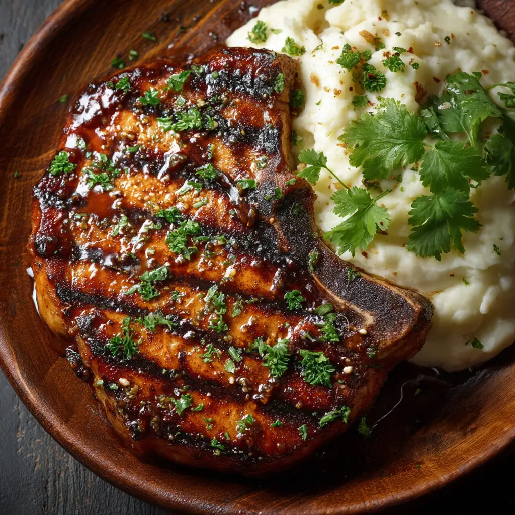 Two cooked pork chops on a serving plate, garnished with fresh herbs, showcasing the results of using the best pork chop marinade.