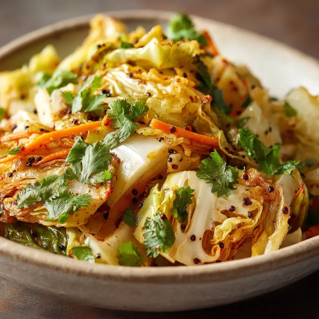 A plate of masala roasted cabbage wedges garnished with fresh cilantro and a side of cooling yogurt drizzle.
