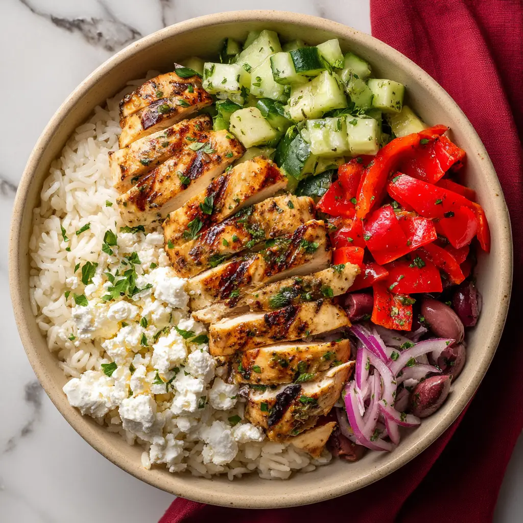 All the fresh ingredients for the Mediterranean Chicken Bowl laid out, including tomatoes, cucumbers, feta, and quinoa.