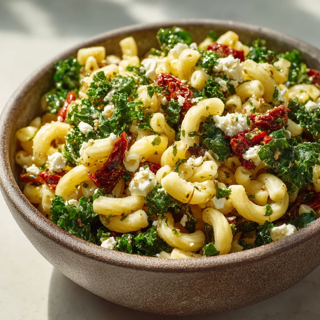A serving of the easy Mediterranean pasta salad on a plate, highlighting the combination of fusilli pasta, kale, and other veggies.