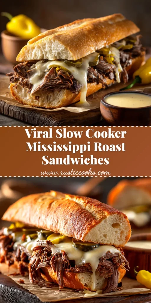 An overhead shot of delicious Mississippi Roast Sandwiches on a wooden board. The shredded beef is piled high on a toasted bun, ready to be eaten.