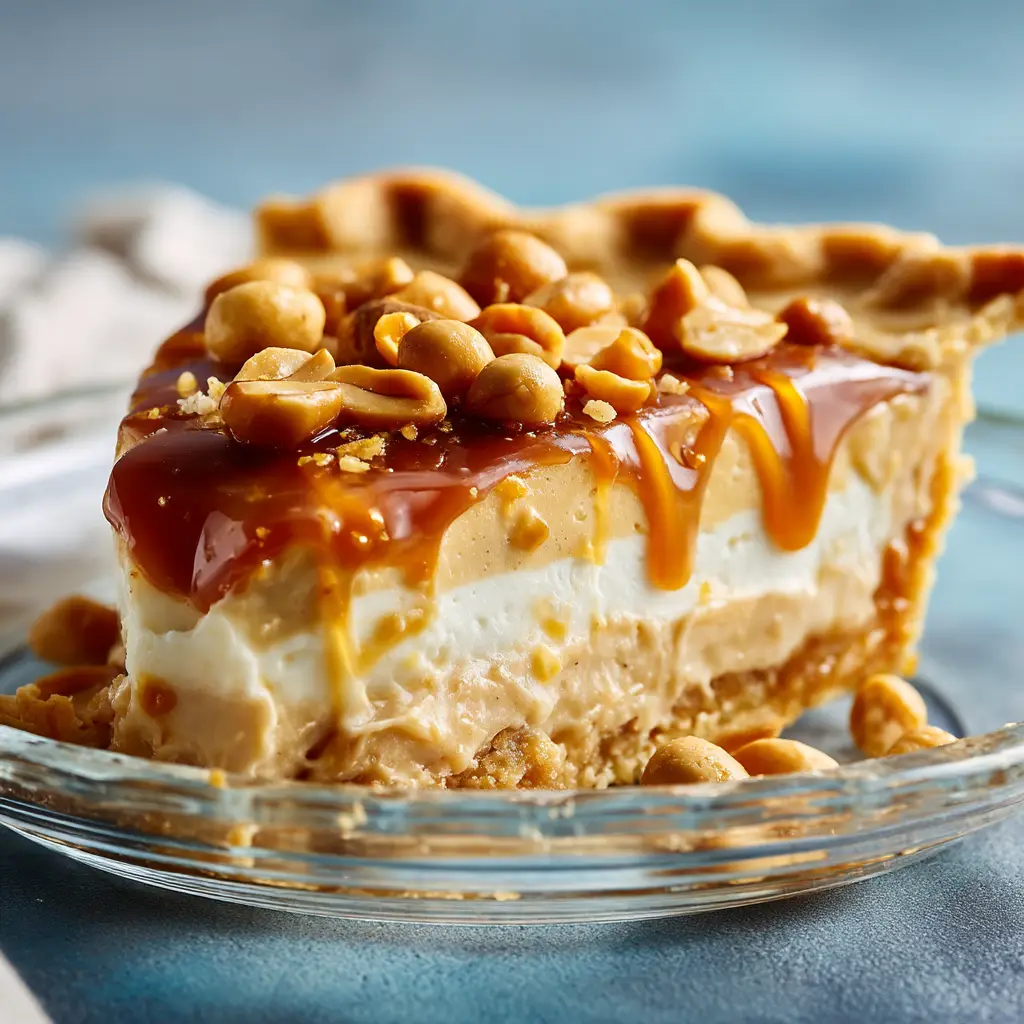The entire no-bake Payday Pie in a glass dish before slicing, generously topped with a thick layer of caramel and salted peanuts.