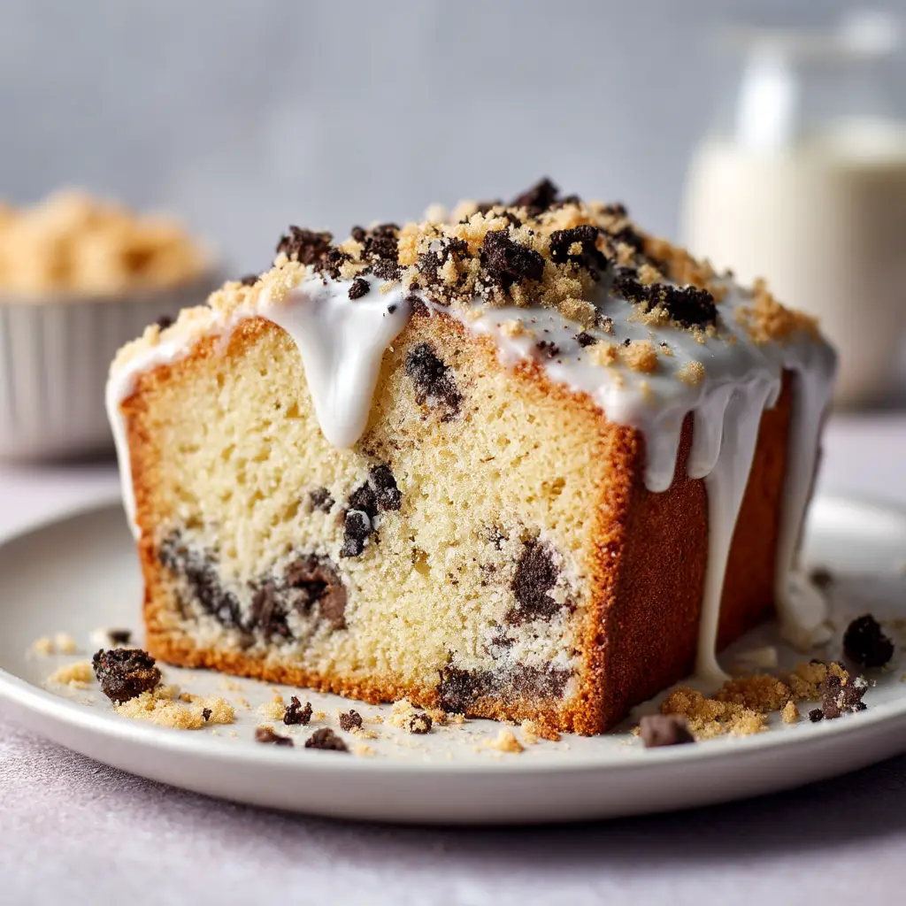 The rich batter for the Oreo pound cake in a bundt pan before baking, with chunks of Oreo cookies visible.