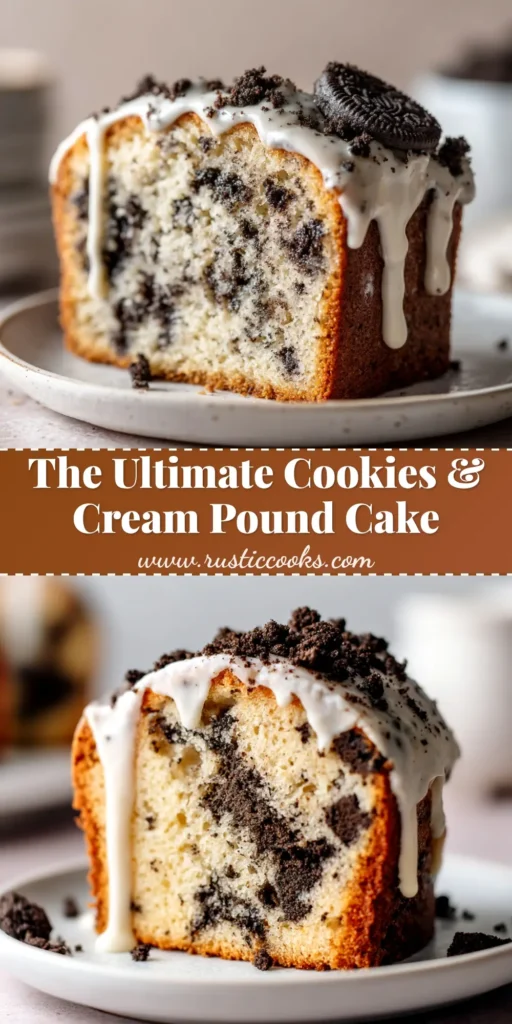 A stunning Oreo Pound Cake on a white cake stand, drizzled with white chocolate ganache and topped with crushed Oreos.