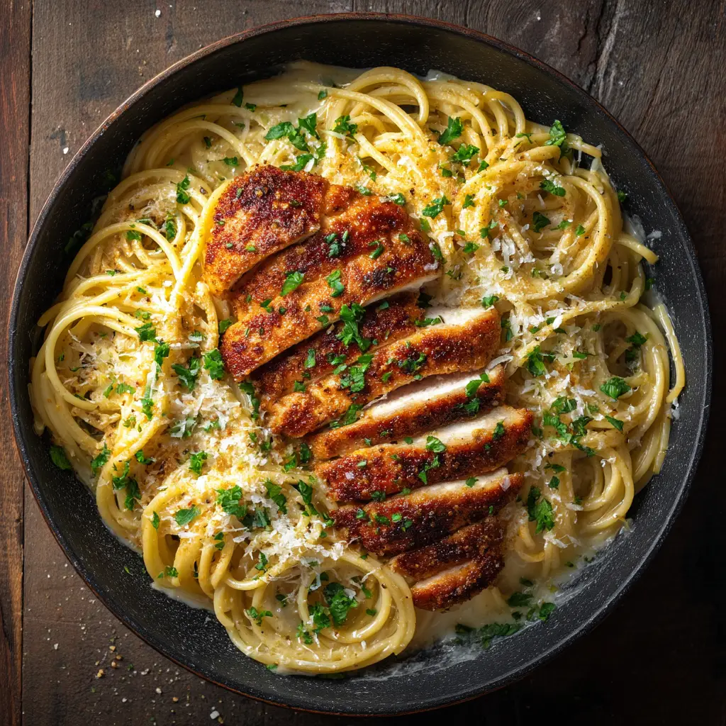 A close-up of a forkful of delicious parmesan chicken pasta, showing the creamy sauce and tender chicken.