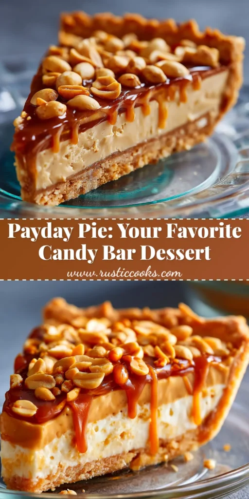 The ultimate no-bake Payday Pie recipe with a crunchy peanut crust, creamy nougat filling, and a rich caramel-peanut topping, shown with a slice being served.