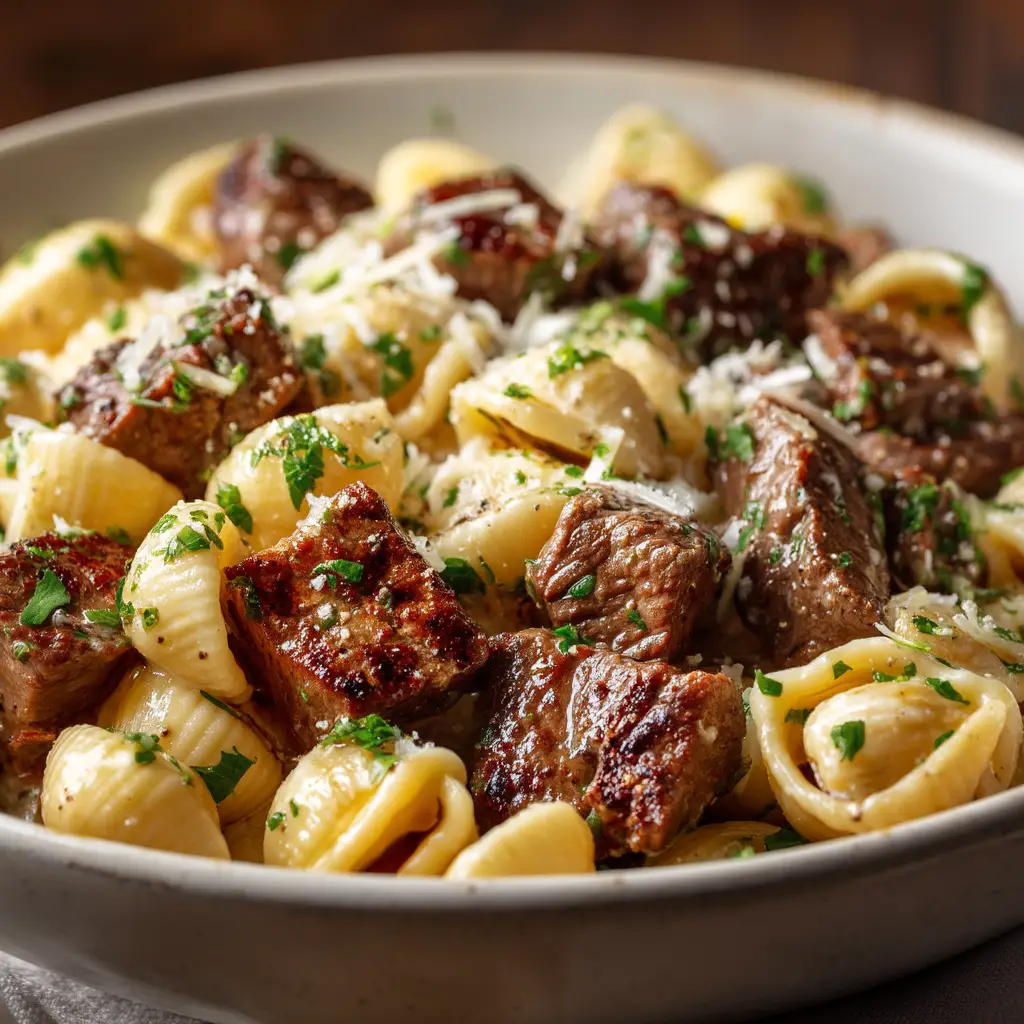 A final plated bowl of Steak Bites and Shell Pasta, highlighting the tender steak and creamy sauce clinging to the pasta shells.