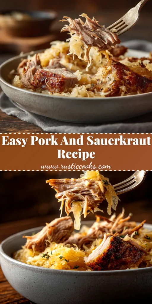An overhead shot of a delicious Pork And Sauerkraut Recipe in a serving dish, ready to be eaten. The tender pork is surrounded by flavorful sauerkraut and apples.