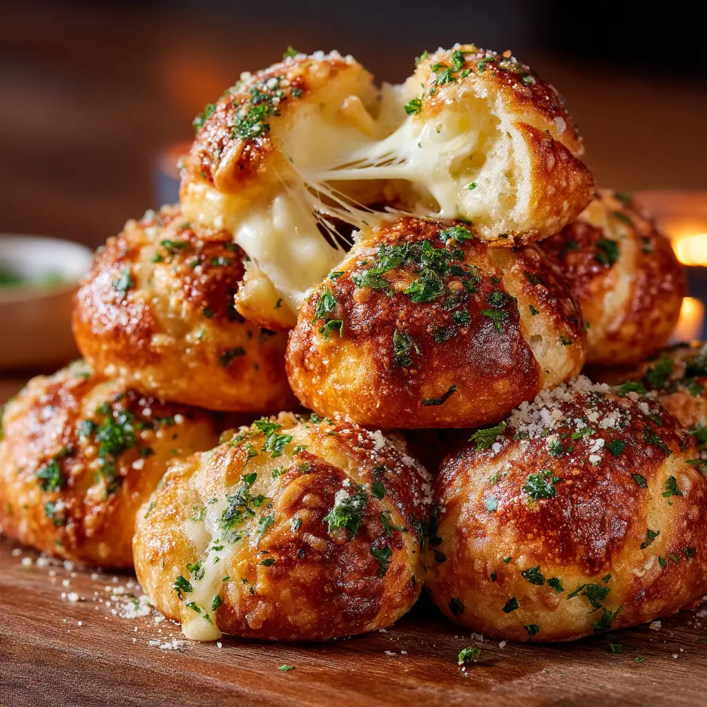 A hand pulling one of the garlic bread bites away from the skillet, revealing a satisfying, stringy cheese pull.