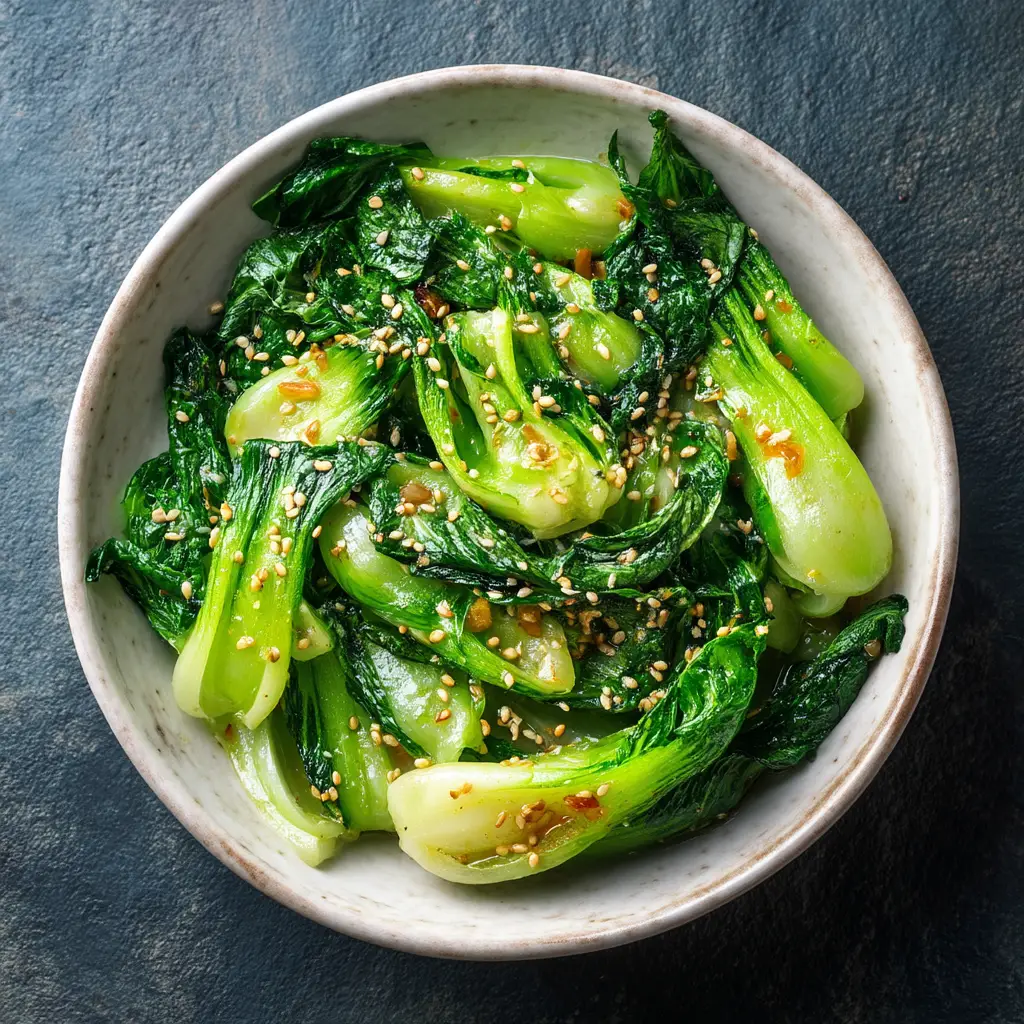 A beautiful serving of sautéed bok choy on a plate next to a main course, illustrating how to serve the healthy side dish.