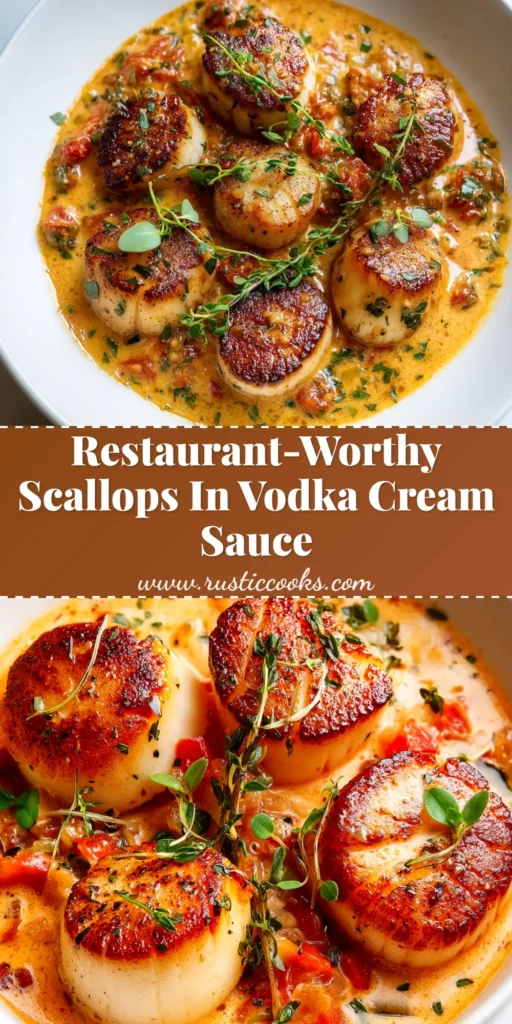 A top-down view of a white bowl filled with delicious Scallops in Vodka Cream Sauce, garnished with fresh parsley.