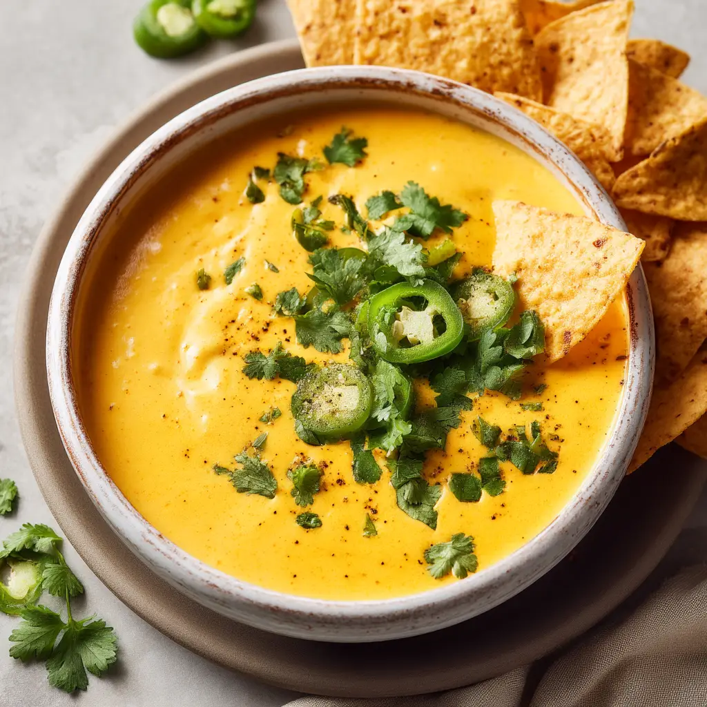 A bowl of finished high protein cottage cheese queso served with a side of colorful bell pepper strips and tortilla chips.