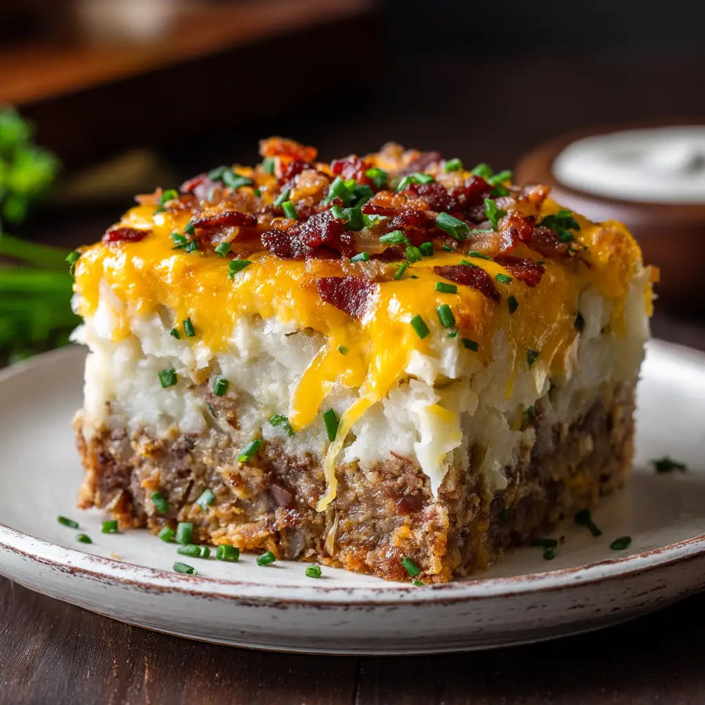 A hearty square slice of ground beef casserole with mashed potatoes on a spatula, ready to be served. The cheese is melted and golden brown.