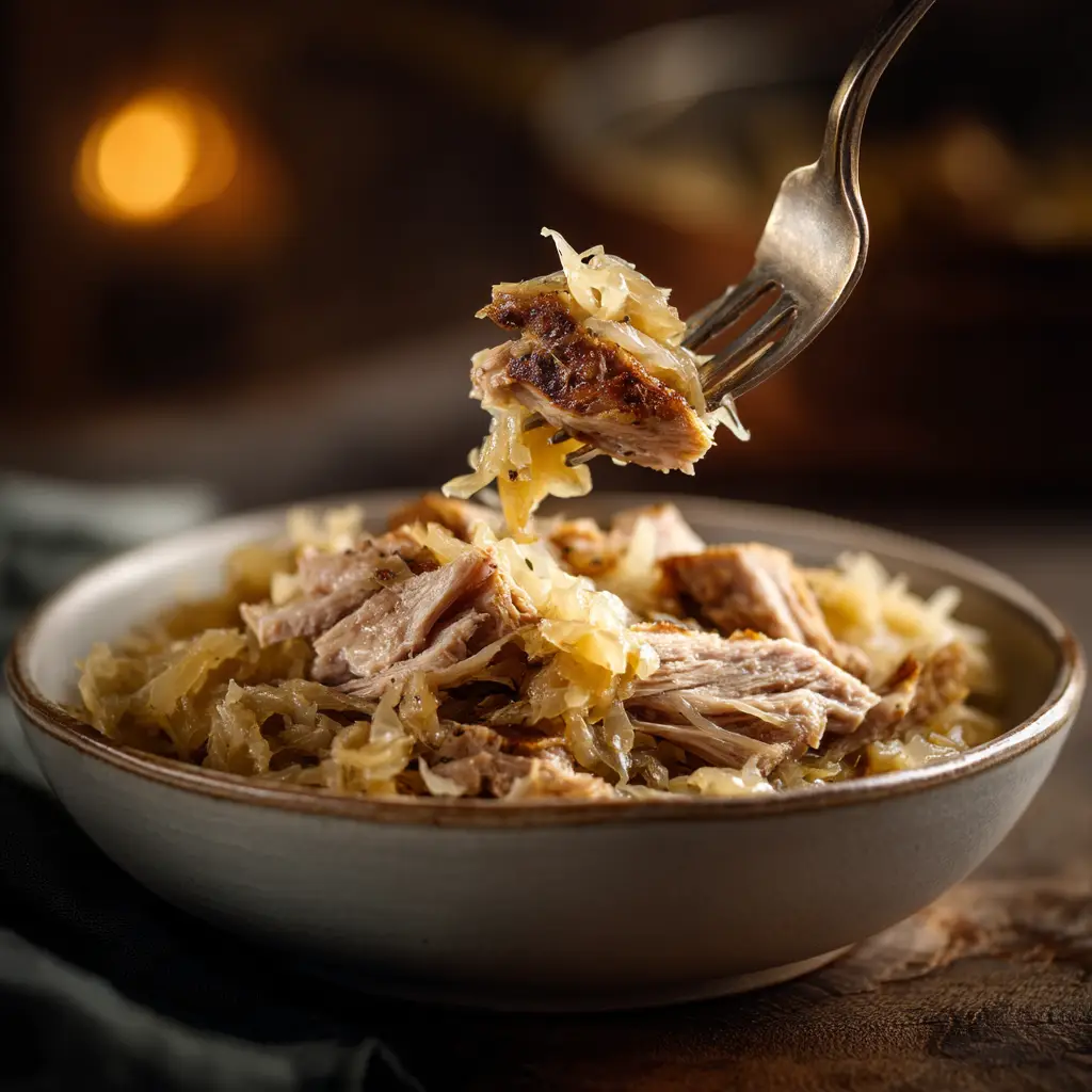 A beautiful serving of slow-cooked pork shoulder and sauerkraut in a rustic bowl, ready to serve for a comforting dinner.