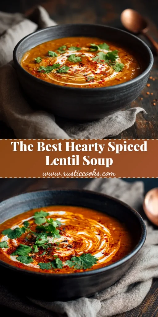 A warm bowl of vibrant orange Spiced Lentil Soup, garnished with fresh cilantro and a swirl of yogurt. This easy and flavorful recipe is perfect for a healthy and comforting meal.