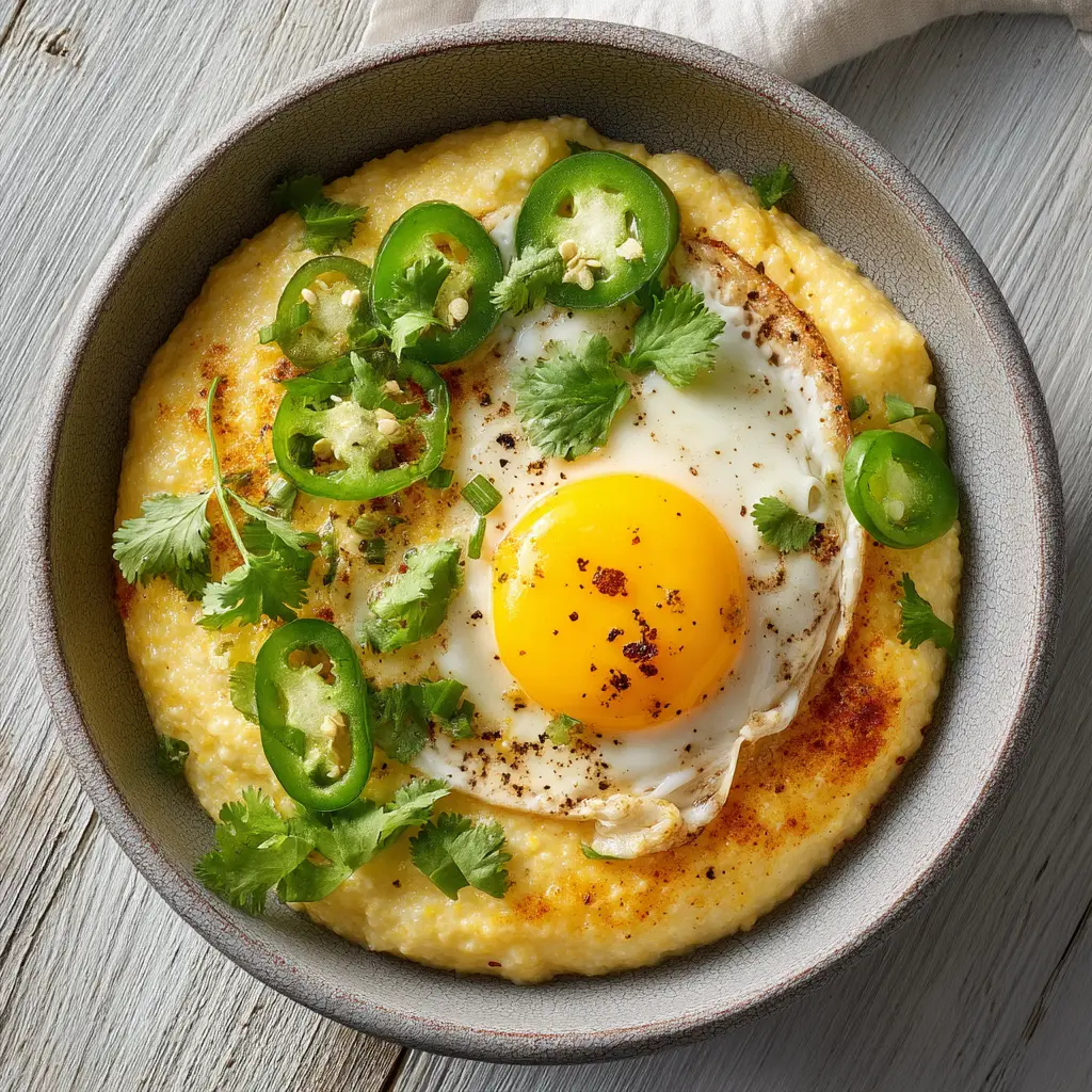 The ingredients for spicy cheddar grits laid out on a wooden surface, including grits, a block of cheddar cheese, a jalapeño, and spices.