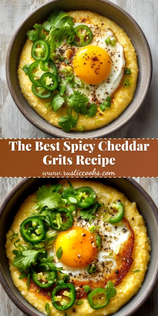 A top-down view of a white bowl filled with creamy spicy cheddar grits, topped with shrimp and fresh herbs. The ultimate comfort food recipe.