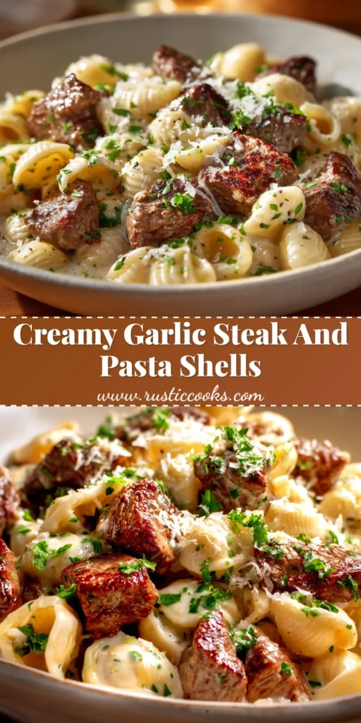 A top-down view of a white bowl filled with creamy Steak Bites and Shell Pasta, garnished with fresh parsley. A fork rests on the side of the bowl.