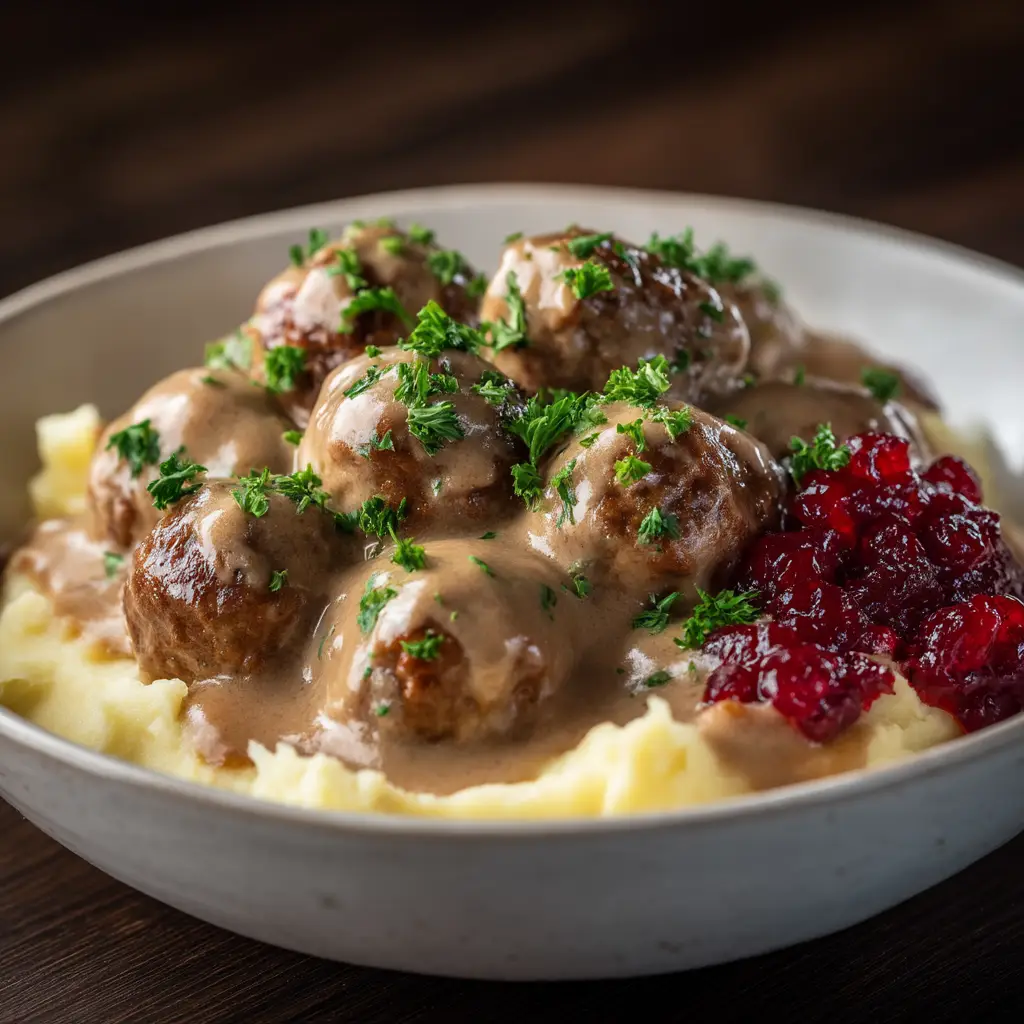 A rustic white bowl filled with the finished Swedish meatballs and gravy, served over a bed of fluffy egg noodles and garnished with chopped parsley.