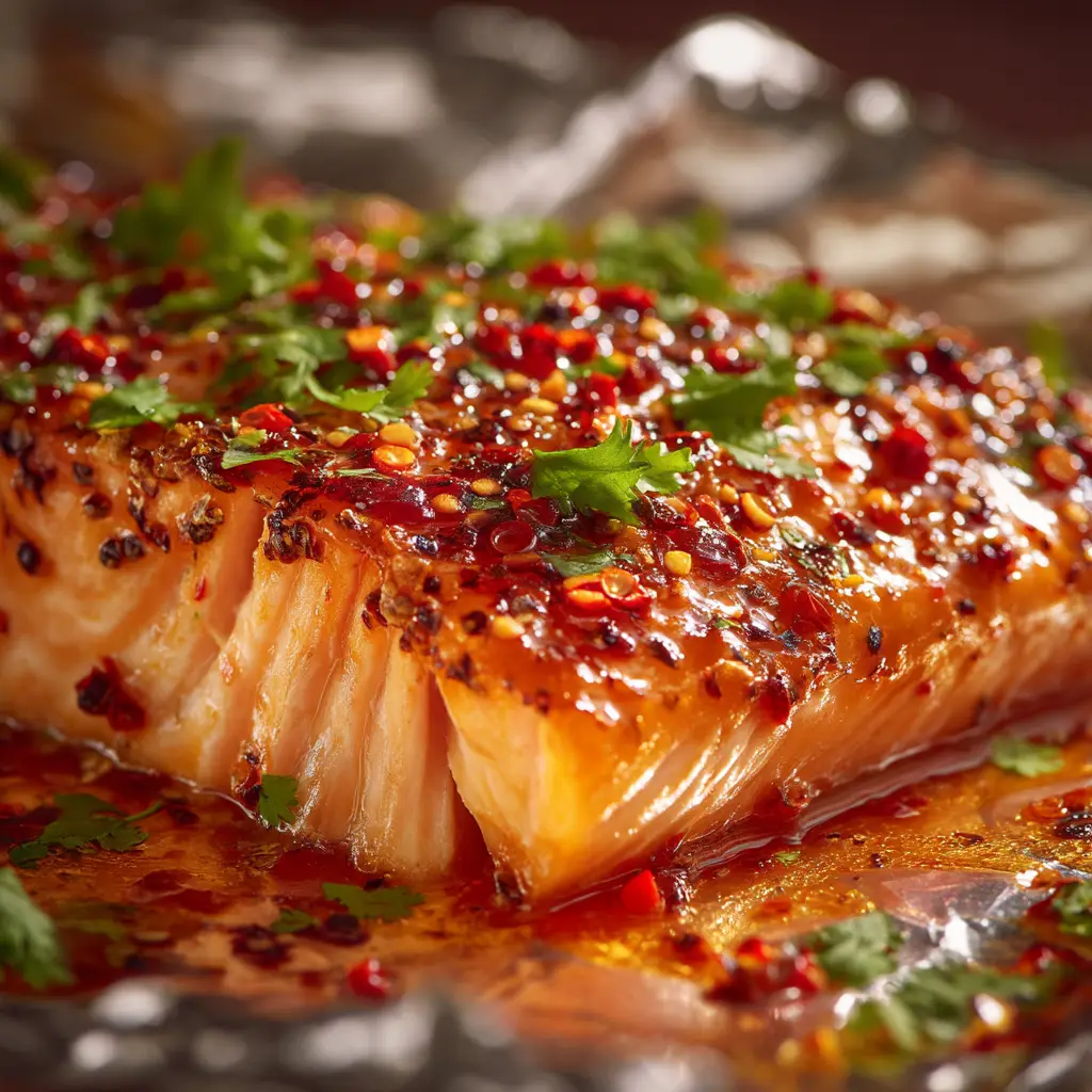 A salmon fillet being glazed with sweet chili sauce before baking, with garlic and ginger visible in the sauce.