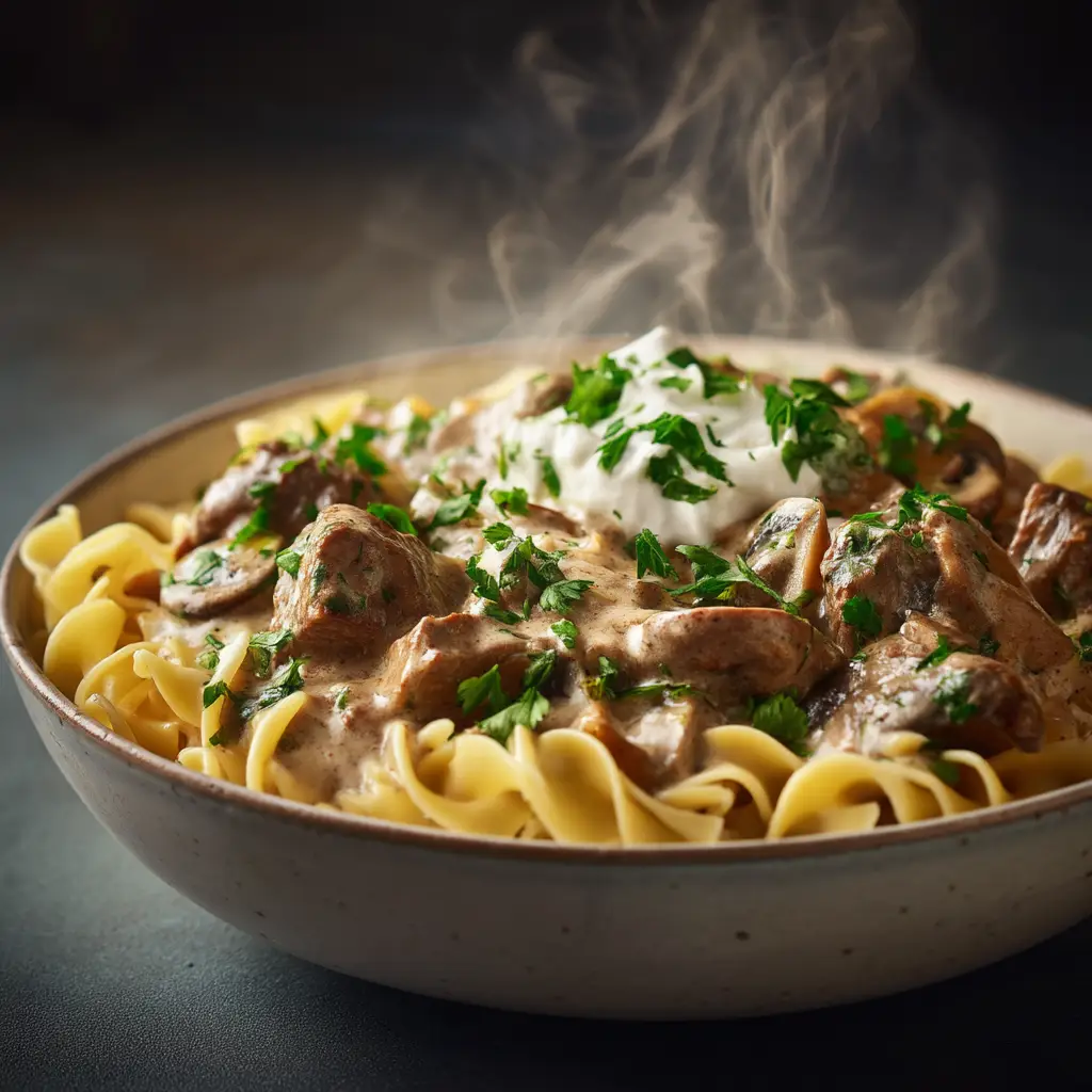 A side view of Instant Pot Beef Stroganoff served over egg noodles, emphasizing the tender beef tips and rich mushroom gravy.